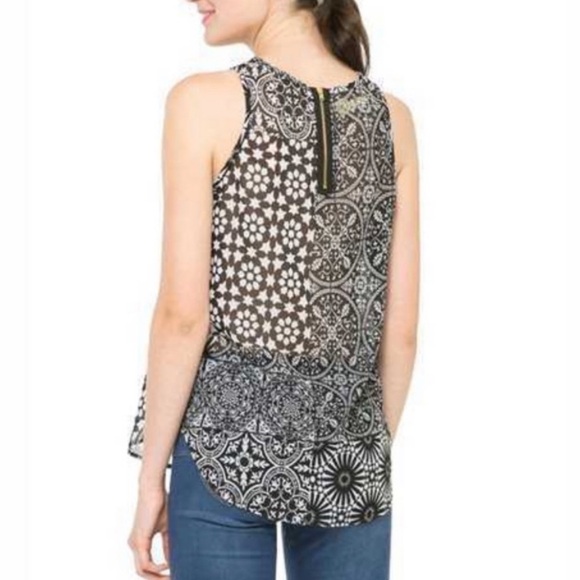 Desigual Top Black White Print Embroidered Beaded Sequin Sheer Sleeveless Small - Picture 4 of 10